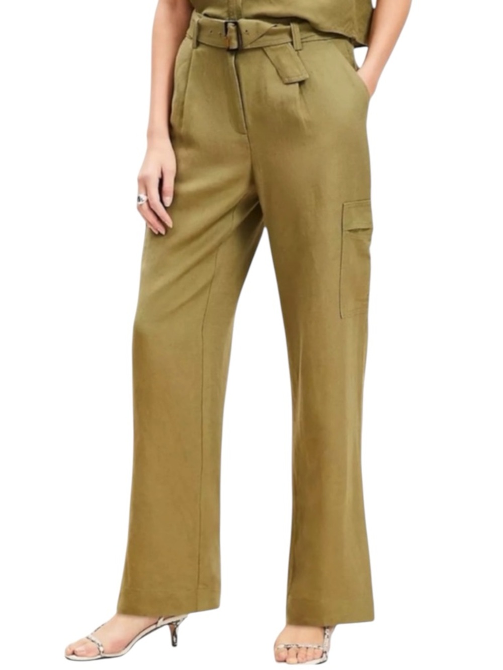 LOFT Linen Blend Cargo Belted Wide-Leg Pants in Olive Green Size 2 — ON TREND!!!